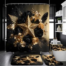 Black and Gold Shower Curtain Sets with Rugs, Luxury Leopard Star Floral