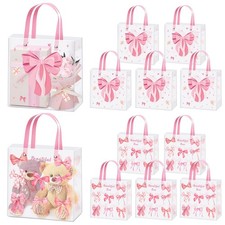 12 Pcs Pink Bow Clear Gift Bags with Handles, Reusable Frosted Plastic Gift B...