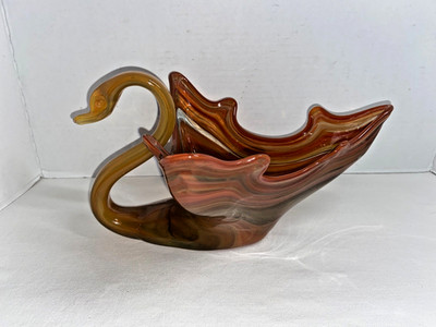 Vintage Sooner Glass MCM Murano Style Hand Blown Tri-Color  Swirl Swan Bowl Vase