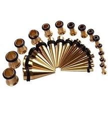 Gold Ear Stretching Kit Plugs & Tapers Ion plated Set 28pc Gauges 12g-0g