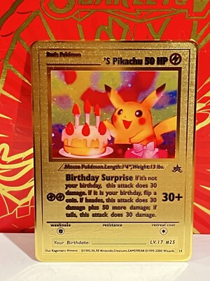 Pikachu Birthday Surprise Gold Metal Pokémon Inspired Card