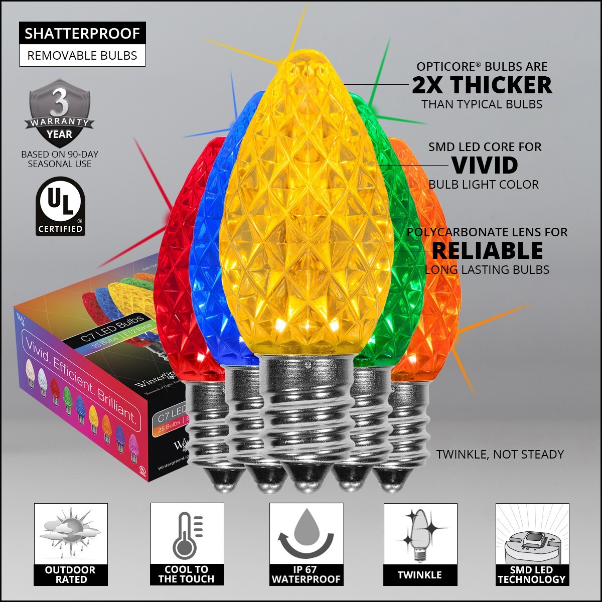 OptiCore C7 LED Twinkle Replacement Shatterproof Christmas Light Bulbs 25 Pack
