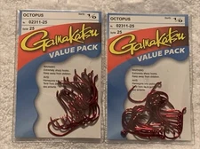 (LOT OF 2) GAMAKATSU OCTOPUS HOOKS 1/0 RED VALUE PACKS.  25 PER PACK 50 TOTAL
