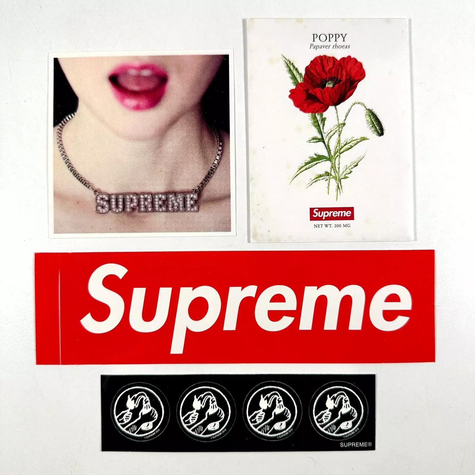 Ensemble d'autocollants logo collier supre graines de coquelicot papavre rhoeas boîte rouge   SS18
