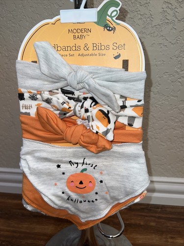 Halloween Headband & Bib Set 6pc Modern Baby Girl NEW Pumpkin Trick Treat Ghost - Picture 2 of 6