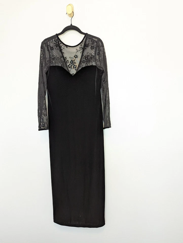 Vestido gótico de hadas vintage para mujer talla 8 negro terciopelo malla transparente encaje caprichoso Foto 2 de 4