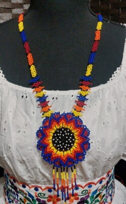 Huichol Beaded Flower Pattern Necklace,  Handmade in Mexico (Necklace Only)