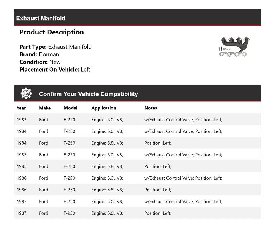 Colector de escape izquierdo para Ford F-250 Dorman 1983-1987 1984 1985 1986 Foto 2 de 4