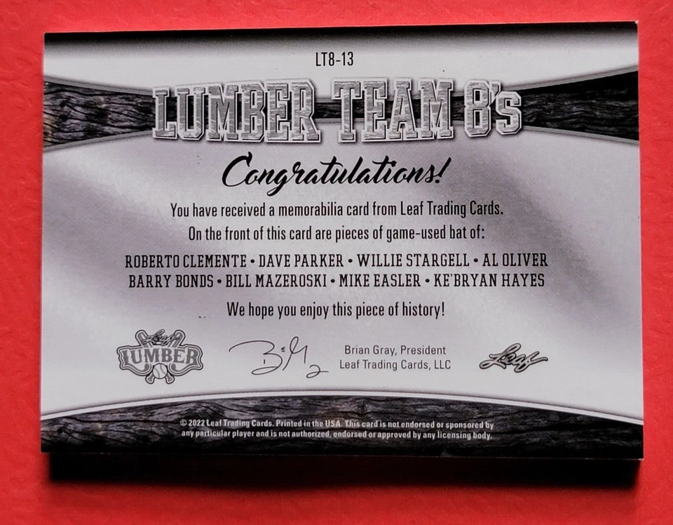 ROBERTO CLEMENTE WILLIE STARGELL BARRY BONDS BILL MAZEROSKI 8 GU BAT CARD #d4/6 - Image 2 of 2