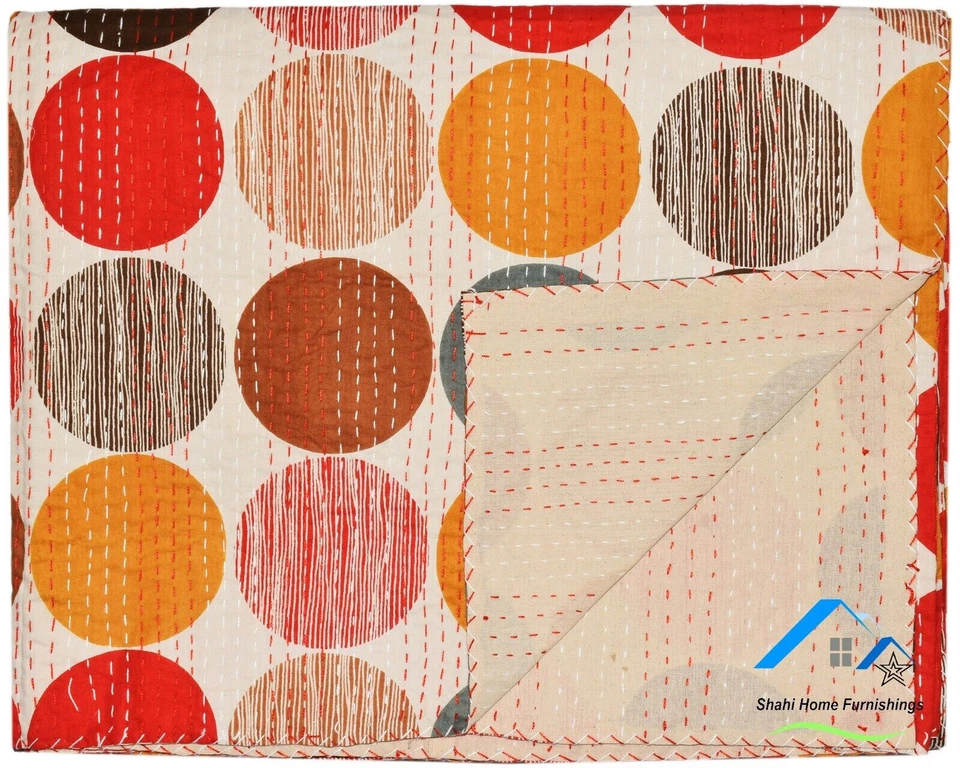 Cotton Coverlet Indian Bedspread King Size Kantha Quilt Polka Dot Print Gudari - Image 3 of 4