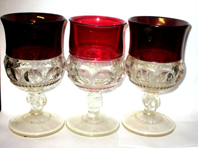 3 Kings Crown Vintage Ruby Cranberry Flash Thumbprint Wine Glass Goblets.