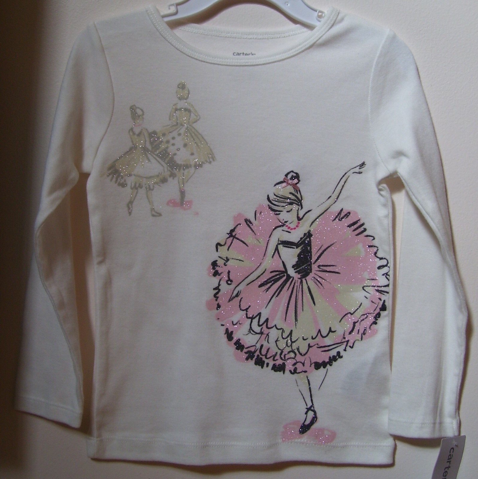 Girls Carter's Ivory Pink Glitter Ballerina Dance Long Sleeve Shirt Sz 2T