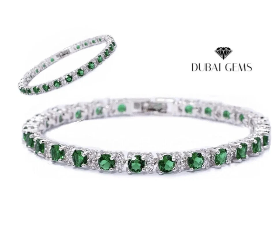 Pulsera Tenis Diamante Creado Esmeralda Verde Acabado Oro Blanco Foto 4 de 4