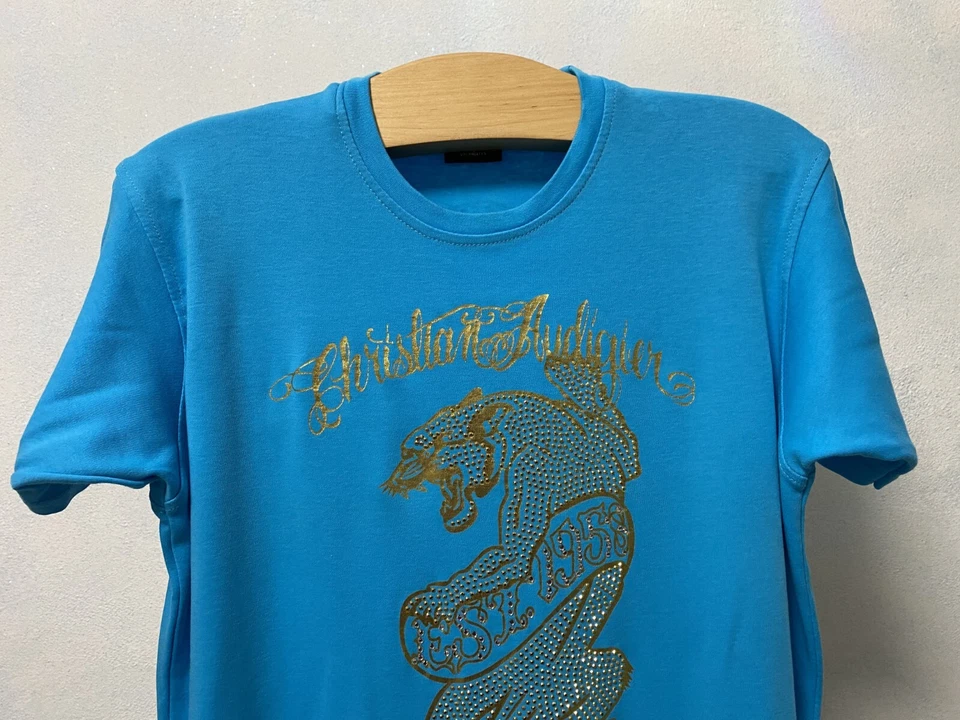 Camiseta Christian Audigier XL azul gráfica logotipo pantera dourada strass - Imagem 3 de 4