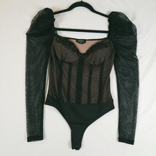 Bebe Bodysuit Womens Small Sweetheart Lace Trim Mesh Puff Long Sleeve Black