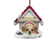 Shih Tzu Puppycut, Tan  White Doghouse Ornament Hand Painted