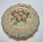 VINTAGE CAMBRIDGE GLASS PINK MILK GLASS HAND PAINTED SEASHELL DISH ROSES BOW