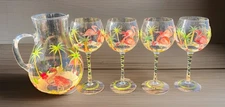 Flamingo Hand Painted Pitcher & 4 Wine Glasses Set Home Essentials READ