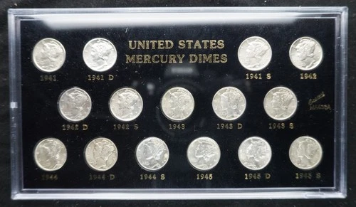 Capital Holder Set 15 Mercury Silver Dimes 1941 - 1945 PDS AU / BU Uncirculated