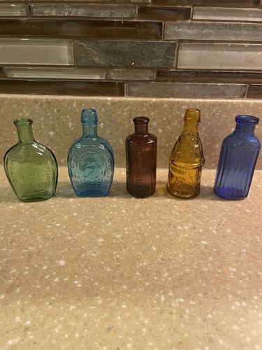 Lot Of 5 Vintage Miniature Bottles, Blue,Green,Purple &Amber