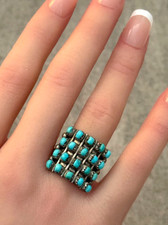 Vintage Native American ZUNI Snake eye 4 ROW Turquoise sterling RING Size 8.5