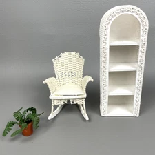 VTG Dollhouse Miniature Artisan White Wicker Rocking Chair Curved Bookshelf Fern