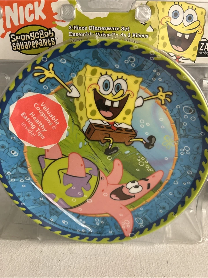 Bob Esponja 2006 Juego de vajilla de 3 piezas y cubiertos adicionales abiertos NUEVO Foto 2 de 4
