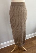 Womens Beige Crochet Knit Maxi Skirt Boho Gathered Ruffle Hem Lined Size M (10)