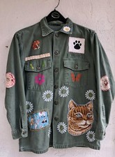Vintage OOAK Upcycled  Jacket Hippie Flower Cat  Applique' Fun Festival Size L