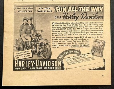 1939 Harley-Davidson print AD  Fun All the Way on a Harley Davidson  Worlds Fair