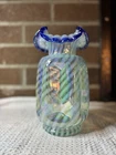 Fenton Art Glass Vase Hand Painted Swirl Blue Ruffled Rim Decorative