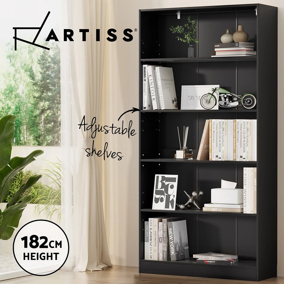 Artiss Bookshelf 5 Tiers Display Book Shelves Storage Stand Bookcase Black ANTON