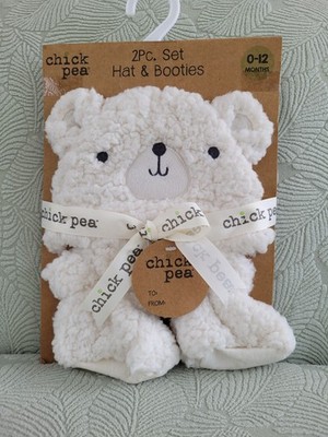 2pc Set Teddy Bear Hat & Booties Size 0-12 Months White # AE0258493 Chick Pea