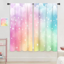 Colorful Rainbow Curtains Kids Girls Cute Clouds Pastel Ombre Starry Sky Stars G