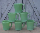 Six 6 FIRE KING D Handle Coffee Mugs JADEITE GREEN Glass Vintage Kitchen Mug