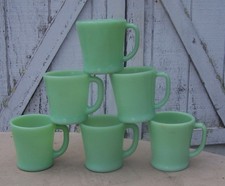 Six 6 FIRE KING D Handle Coffee Mugs JADEITE GREEN Glass Vintage Kitchen Mug