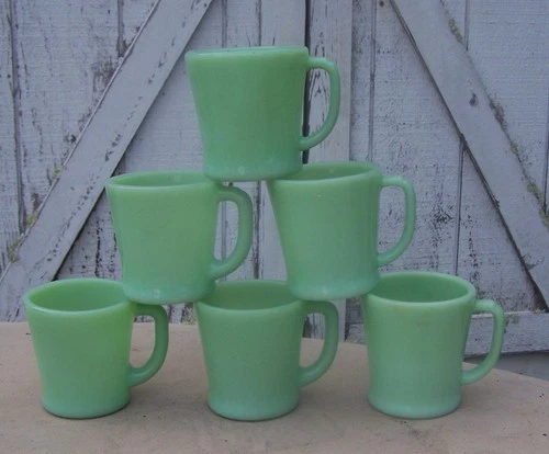 Six 6 FIRE KING D Handle Coffee Mugs JADEITE GREEN Glass Vintage Kitchen Mug