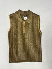 Chanel Sleeveless Polo Knit Ribbed Gold Made in Italy Women's 38
