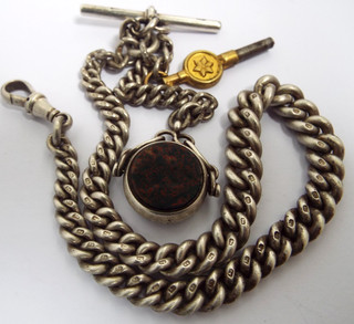 SUPERB HEAVY ANTIQUE 1911 SOLID STERLING SILVER ALBERT WATCH CHAIN WITH SPINNER