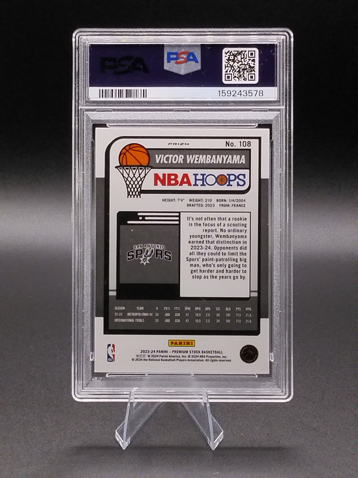 👽🔥Victor Wembanyama 2023-24 Panini Hoops Premium Stock Ice Prizm RC #108 PSA 7 view 2