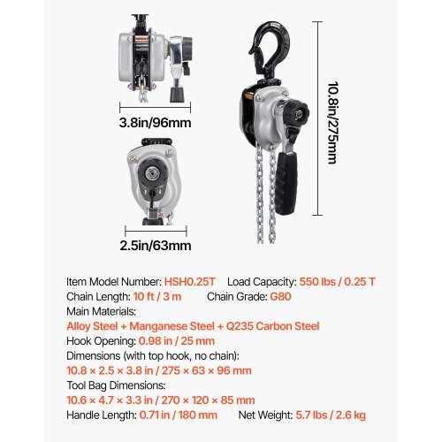 VEVOR Manual Lever Chain Hoist, 1/4T 550LBS Capacity Heavy Duty Come ...