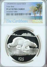 1993 B V ISLANDS SILVER 25 DOLLARS POLAR BEAR NGC PF 67 ULTRA CAMEO RARE TOP POP