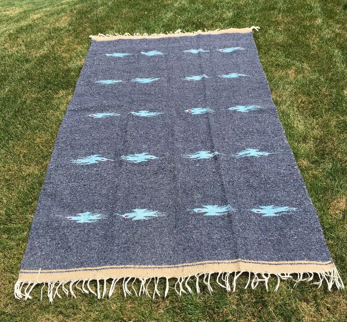 Vtg South West Mexican Thunderbird Blue Flying Birds Blanket Rug Gray 77 x 46