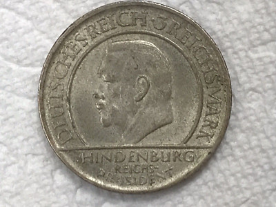 RARE GERMAN 3 MARK REICHSMARK 1929 HINDENBURG Silver Coin WEIMAR REPUBLIC
