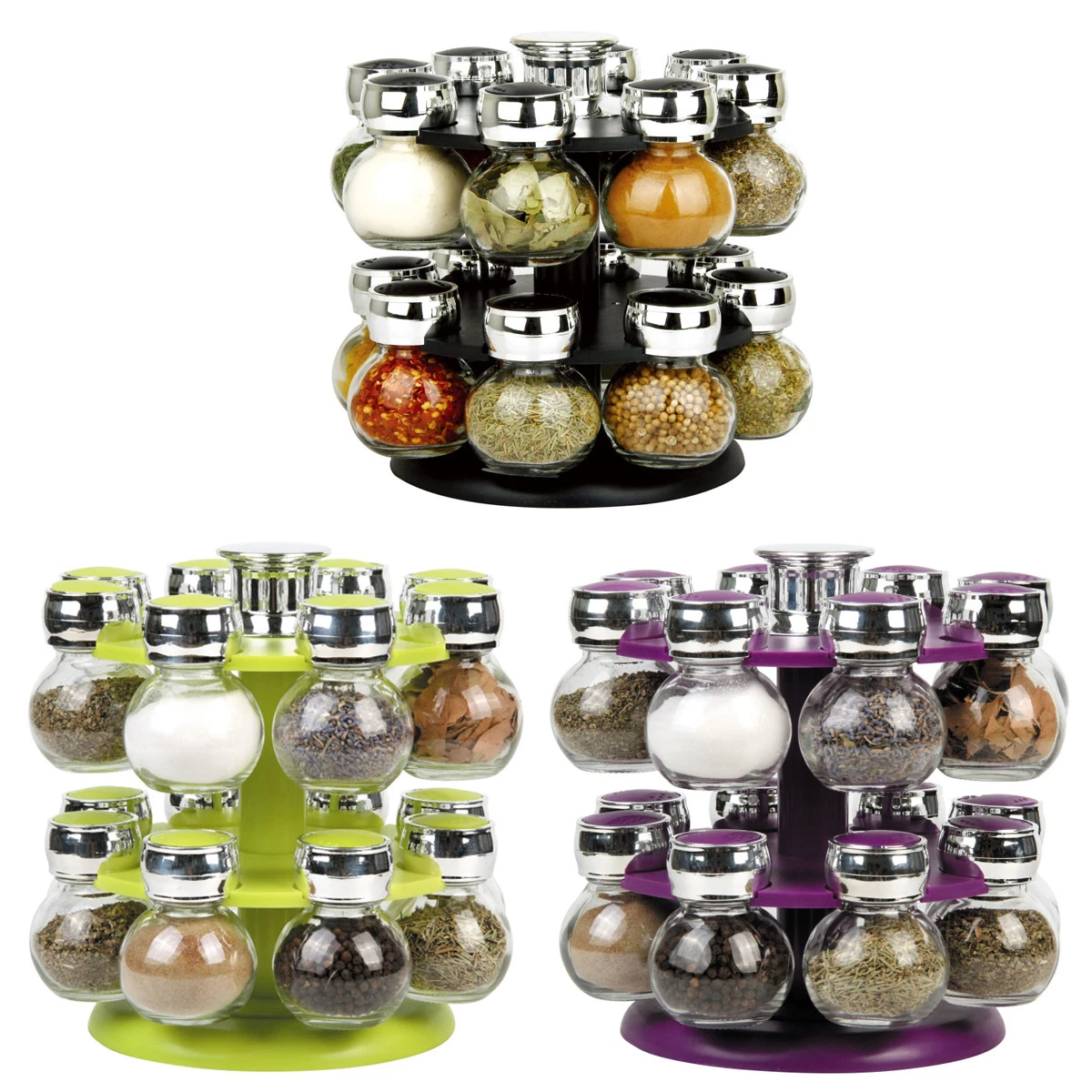 16 JAR REVOLVING ROTATING SPICE RACK GLASS JARS CHROME LIDS PURPLE BLACK GREEN