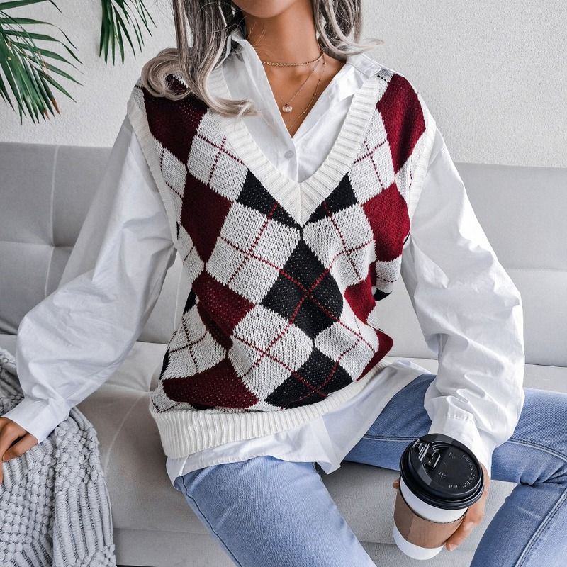 Lady Knitted Vest Waistcoat Sweater Jumper Tank Top Argyle
