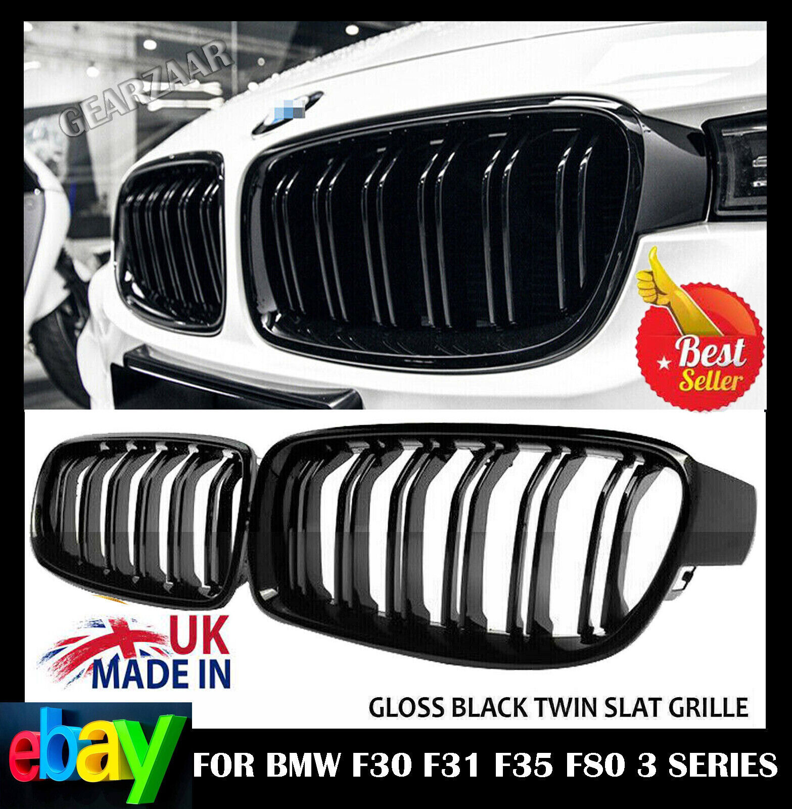 FOR BMW F30 F31 3 SERIES GLOSS BLACK DUAL LINE KIDNEY GRILLE M PERFORMANCE STYLE
