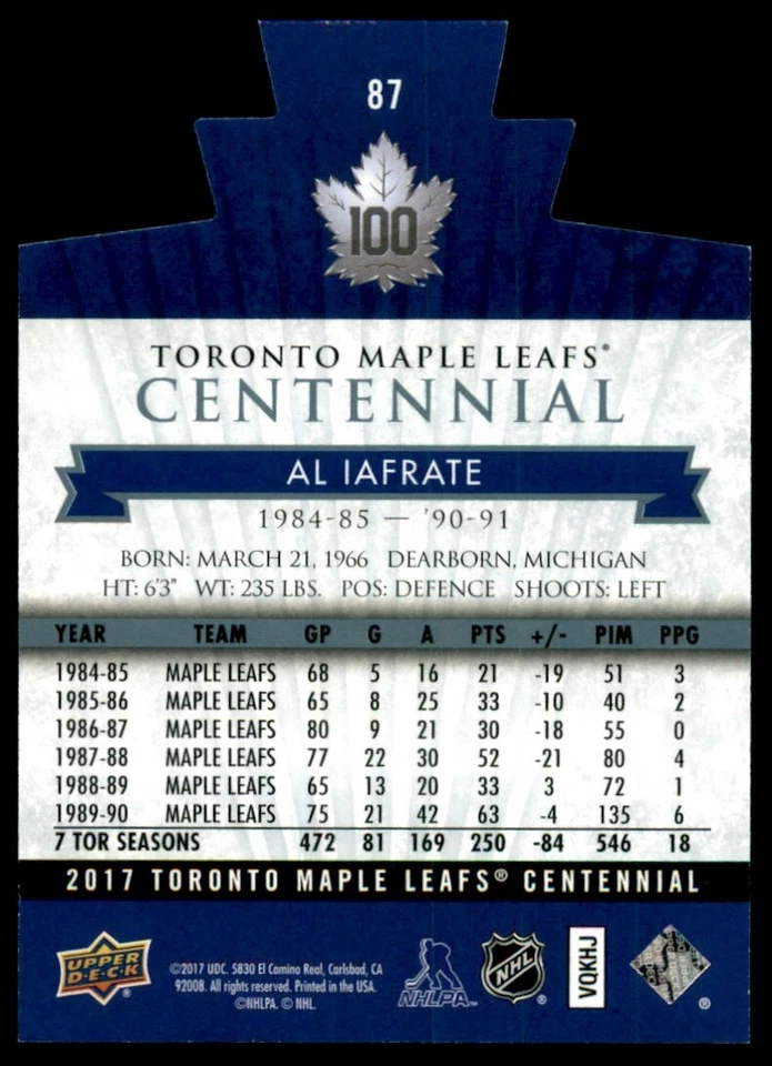 2017-18 Upper Deck Toronto Maple Leafs Centennial Al Iafrate #87 - Image 2 of 2