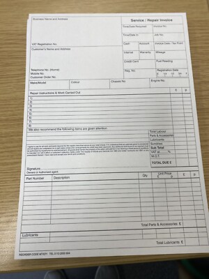 A4 x 2 NCR Repair Order Invoice / Service Invoice / MOT Invoice PAD ...