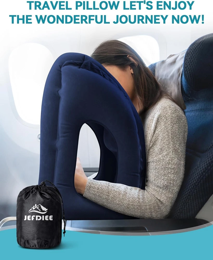 Ultimate Inflatable Travel Pillow in Solid Blue with Eye Mask and Ear Plugs